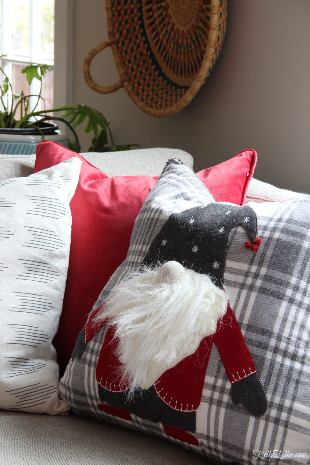 Love this bearded gnome pillow kellyelko.com #christmas #christmasdecor #christmasdecorating #christmashome #christmastour #diychristmas #christmasideas #christmasmantel #christmastree #christmasornaments #vintagechristmas #farmhousechristmas #colorfulchristmas #creativechristmas #kellyelko #gnome #christmaspillow