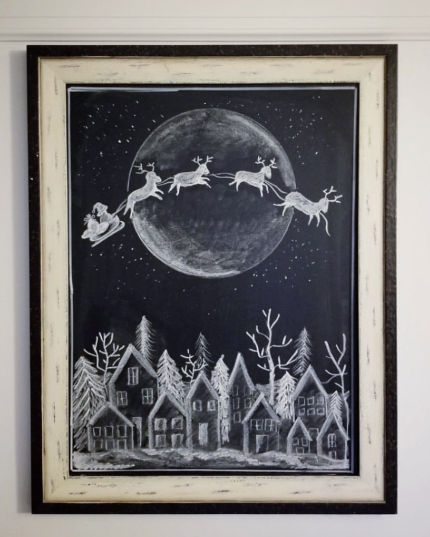 Winter village chalkboard art kellyelko.com #chalkboard #chalkart #christmaschalkboard #santa #freeprintables #christmasprintables #christmasart #wintervillage #farmhousechristmas #kellyelko