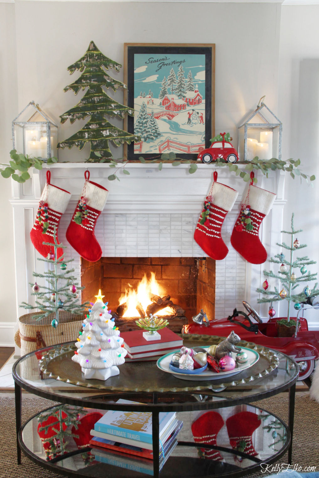 Creative Christmas Home Tour - love this colorful mantel with a mix of vintage and new kellyelko.com #christmas #christmasdecor #christmasdecorating #christmashome #christmastour #diychristmas #christmasideas #christmasmantel #christmastree #christmasornaments #vintagechristmas #farmhousechristmas #colorfulchristmas #creativechristmas #kellyelko 