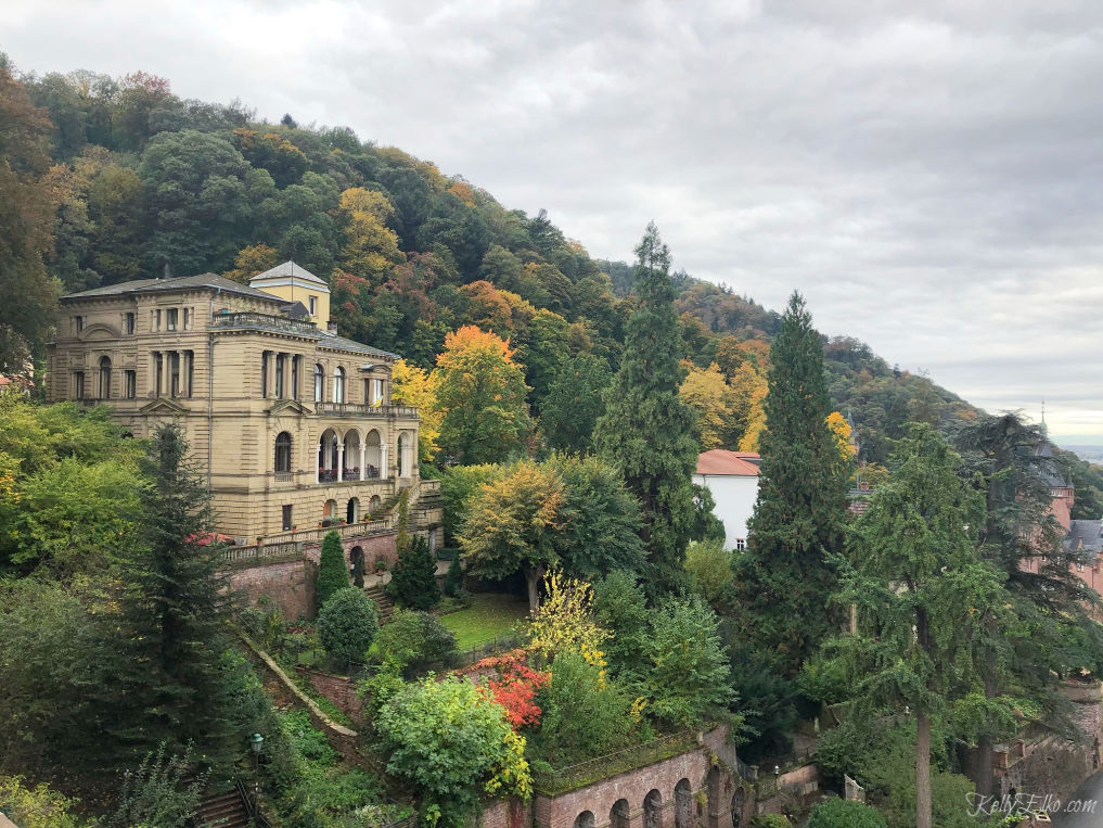 Heidelberg Germany view from the castle to the Heidelberg University fraternity house kellyelko.com #heidelberg #heidelbergcastle #germany #luxurytravel #travelblogger #travelblog #nekarriver #europeantravel #europe #castles 