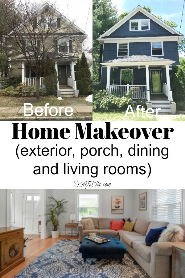 Home Makeover Before & After - see how she transformed the exterior, porch, dining room and living room in this old home kellyelko.com #curbappeal #homemakeover #housemakeover #houserenovation #reno #renovation #fixerupper #fixerupperstyle #interiordecorate #kellyelko