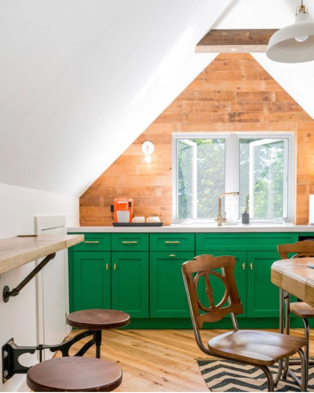 Kitchenette with green cabinets and wood shiplap #shiplap #woodwalls #atticdecor #attickitchen #greenkitchen #greenpaint #eclecticdecor  / kellyelko.com