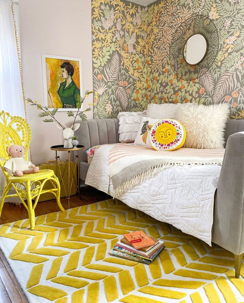 Colorful yellow bedroom with gray daybed / kellyelko.com