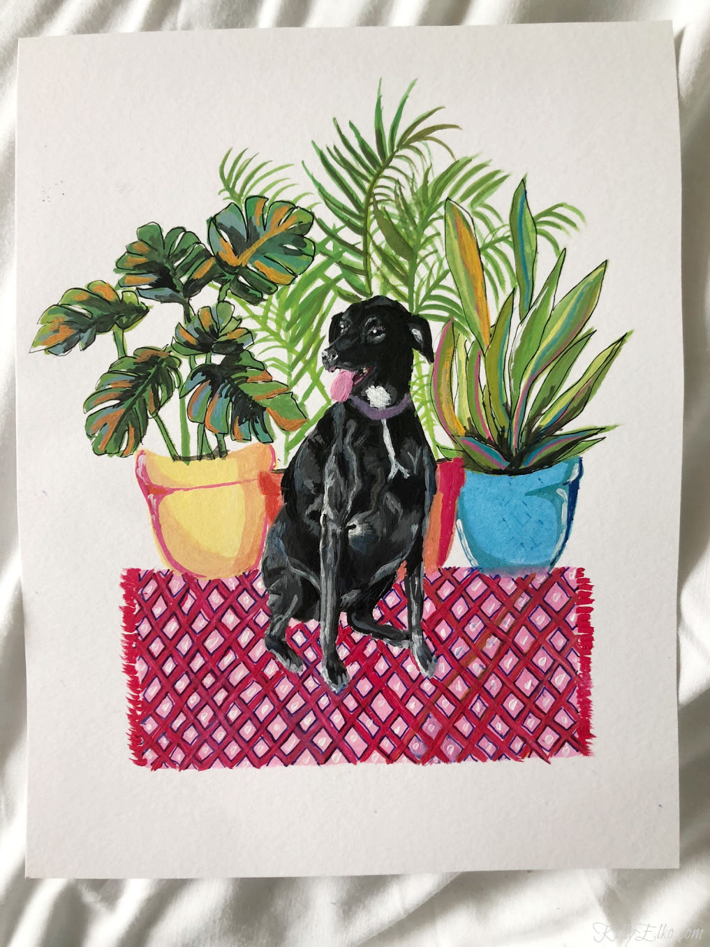 Custom Pet Portrait - love the fun color and patterns kellyelko.com #gouache #customart #originalart #artist #petportrait 