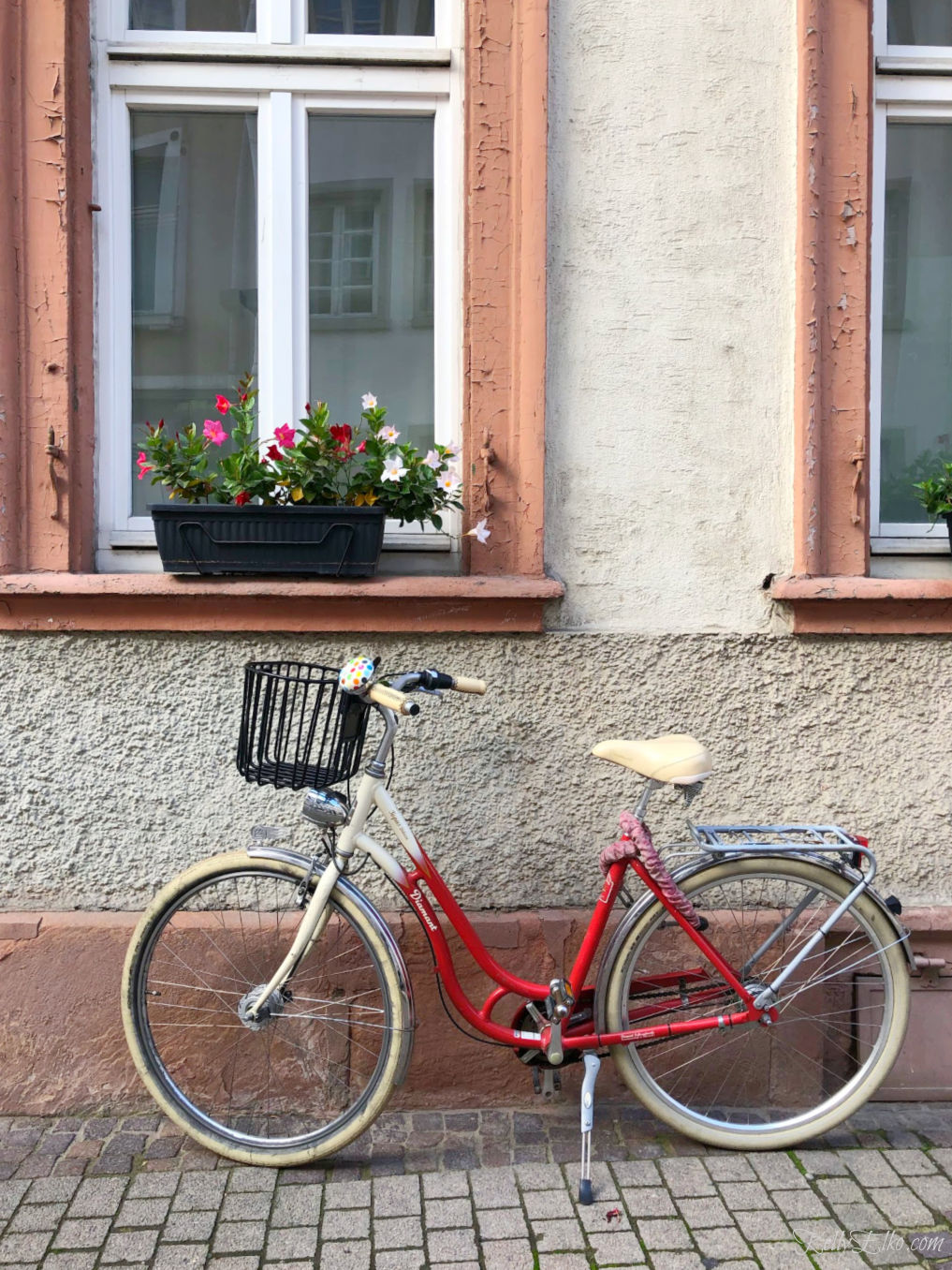 A red bike and a window box of flowers in Europe #travel #bike #travelphotography #germany