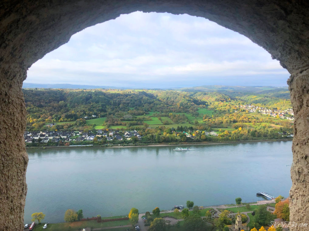 View of the Rhine River from Marksburg Castle in Germany kellyelko.com #marksburgcastle #rhineriver #rhine #rhinecruise #rivercruise #vikingcruise #germany #travel #travelblog #travelblogger #rivercruisereviews 