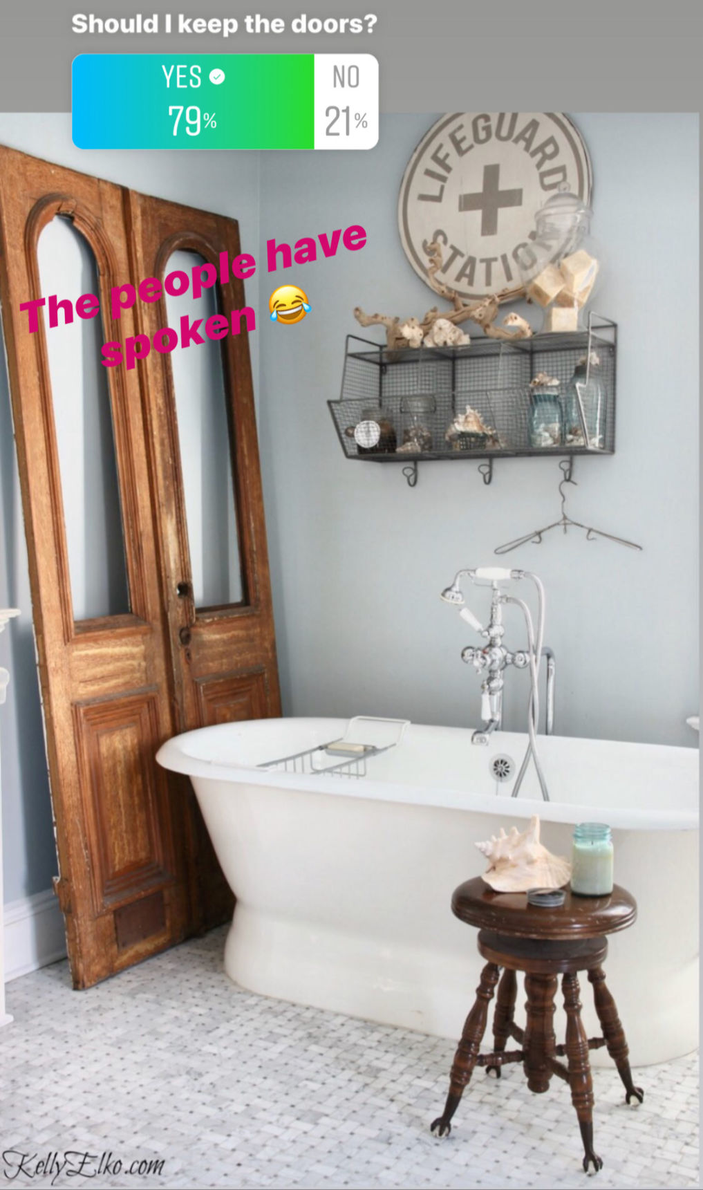 I asked and you answered! Should I keep these antique doors in my bathroom? kellyelko.com #bathroom #masterbathroom #vintagebathroom #antiquedoors #vintagedecor #marbletile #marblebathroom #freestandingtub #coastalbathroom 