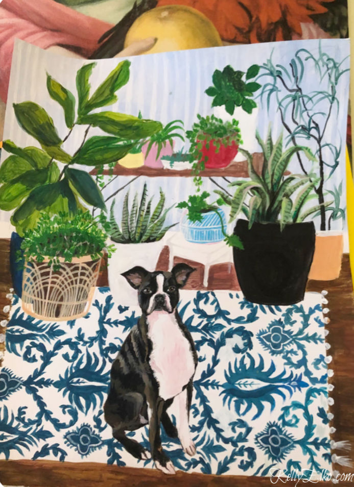 Custom pet portrait - love this cute little Boston Terrier kellyelko.com #bostonterrier #originalart #petportrait #customart #plantlady #colorlovers #pattern #artist 