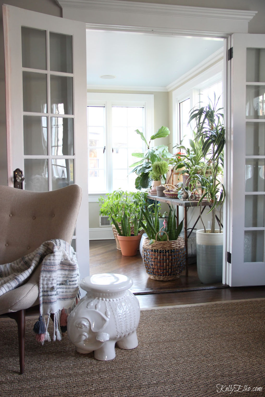 Love this cheerful sunroom filled with houseplants kellyelko.com #plants #houseplants #sunroom #jungalow #jungalowstyle #bohostyle #bohodecor #interiordesign #planters #vintagedecor #plantlady #eclecticdecor #kellyelko 