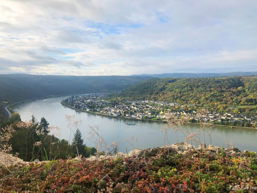 View of the Rhine River from Marksburg Castle in Germany kellyelko.com #marksburgcastle #rhineriver #rhine #rhinecruise #rivercruise #vikingcruise #germany #travel #travelblog #travelblogger #rivercruisereviews 