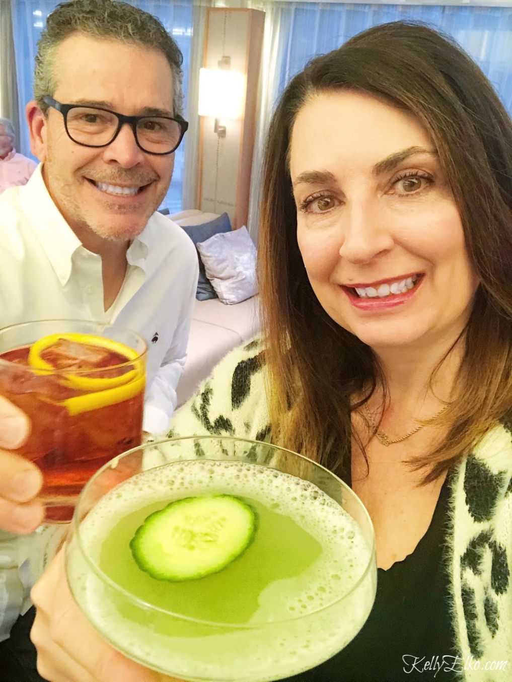 Kelly and Steve enjoying a Negroni and a Cucumber Martini kellyelko.com #cocktails #negroni #cucumbermartini #cocktailhour #happyhour 