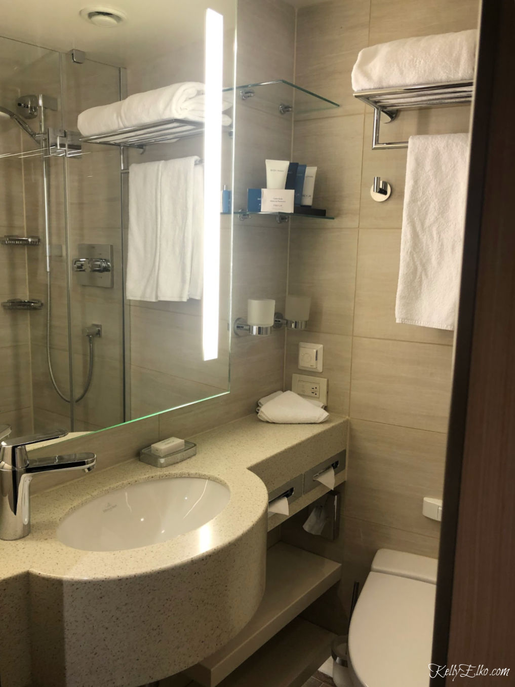 Viking River Cruise bathroom - small but love the heated floors kellyelko.com #vikingrivercruise #rivercruise #vikingcruise 