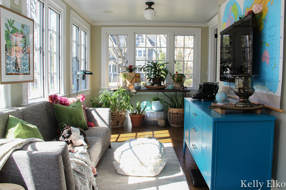 Love this colorful plant filled sunroom with vintage school map art kellyelko.com #sunroom #sunroomdecor #sunroomfurniture #vintagemodern #colorfuldecor #plantlady #houseplants #midcenturyfurniture #midcenturemodern 