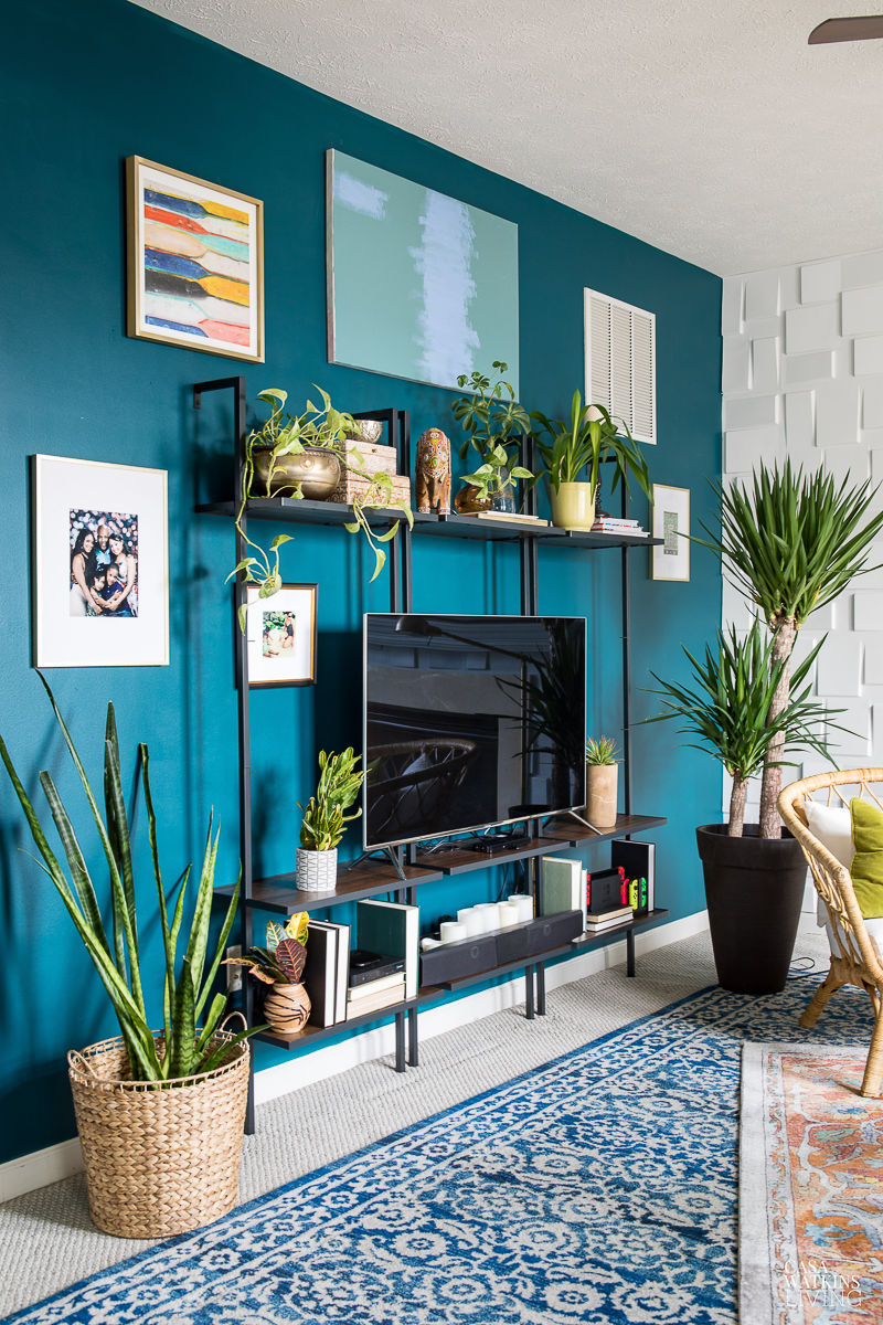 Paint an accent wall a vibrant shade of paint #gallerywall #colorfuldecor #tvwall #plants #houseplants #bohodecor #eclecticdecor 