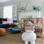 Living Room Furniture Arranging Tips kellyelko.com #livingroom #furniturearranging #eclecticdecor #vintagedecor #bohodecor #rattan #manteldecor #collections #collect #vintagemodern #globes #decorate