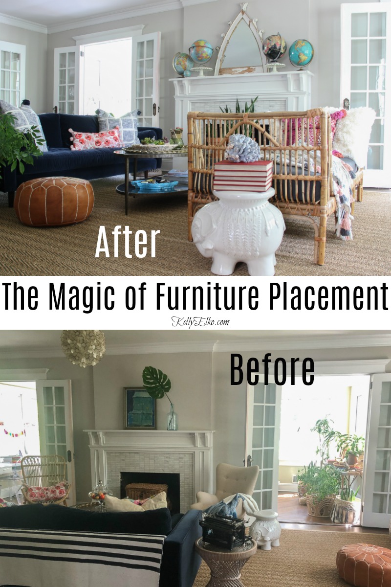 Living Room Furniture Arranging Tips - this before and after shows that the right furniture arrangement makes all the difference kellyelko.com #furniturearranging #furniturearrangement #beforeandafter #livingroomdecor #eclecticdecor #vintagedecor #modernvintage #bohodecor #rattan #manteldecor #collections #beforeandafter #kellyelko.com 