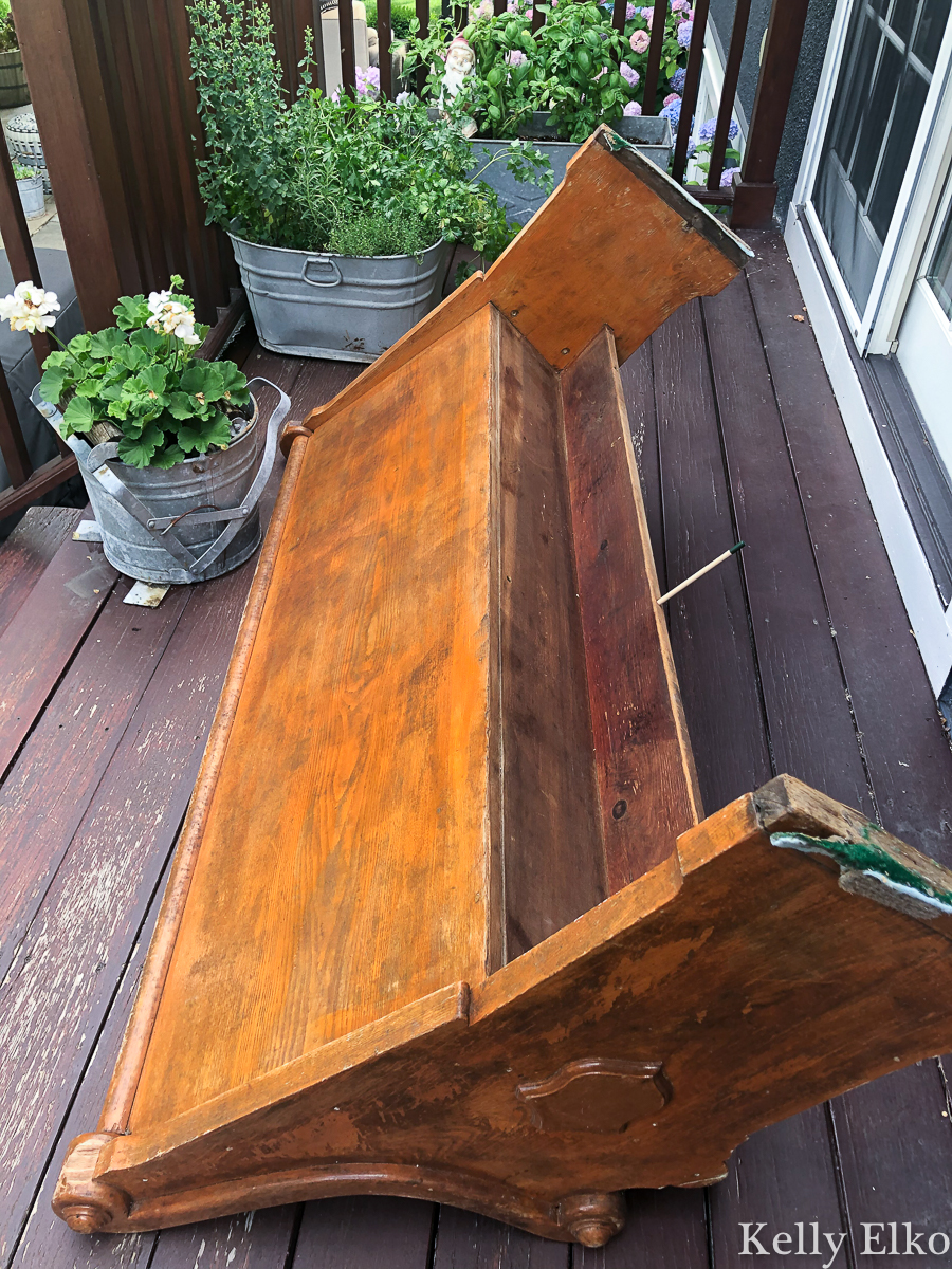 She bought this antique church pew before she realized a swarm of carpenter bees were nesting in it! kellyelko.com #churchpew #vintage #vintagedecor #antique #antiquedecor #farmhouse #farmhousedecor #carpenterbees #bees #sunroomdecor #plants #houseplants #plantlady #gardening #gardens 