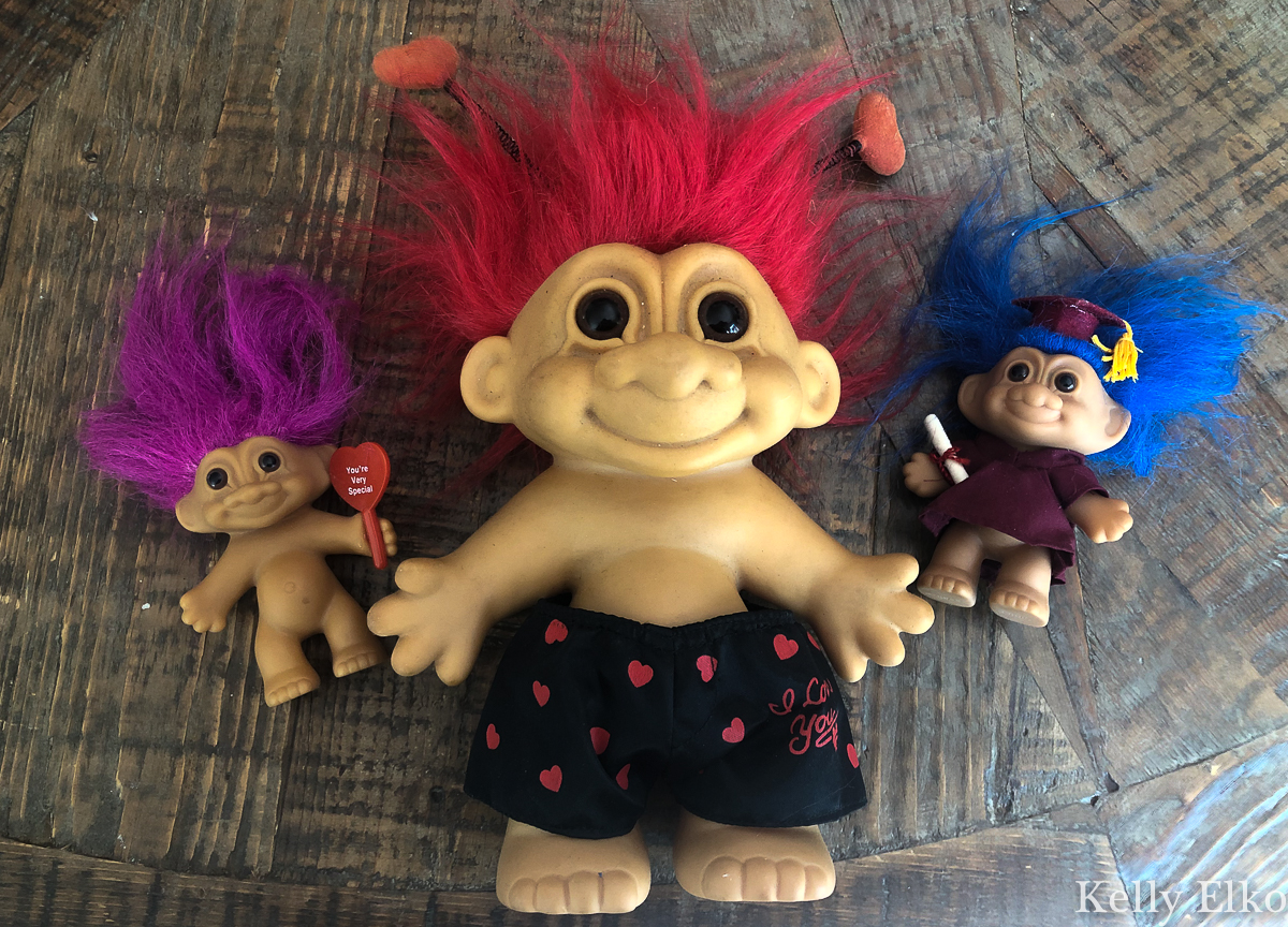 Vintage Troll dolls - you have got to see how she repurposed them! kellyelko.com #troll #trolls #trolldolls #upcycle #repurpose #planters #diyideas #kidscrafts 