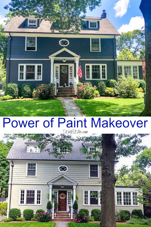 The power of paint makeover - it's amazing what a new color can do to add curb appeal to a home #curbappeal #bluehouse #bluepaint #farmhouse #farmhousedecor #porch #frontporch #paintcolors #halenavy #fixerupper #beforeandafter 