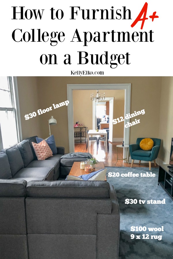 How to Furnish College Apartment Cheap! She shares her budget friendly decorating tips and sources for getting stuff to fill an apartment on a budget kellyelko.com #college #collegeapartment #apartment #apartmentfurniture #budgetfriendlydecor #budgetfriendlyfurniture #collegeapartmenttour #apartmentdecorideas #apartmentideas #sectionalsofa #budgetfriendlyfurniture 