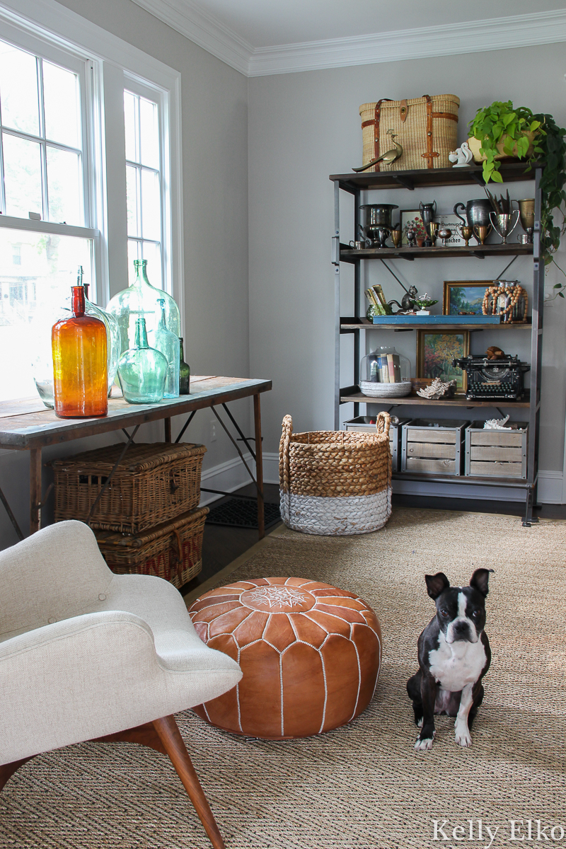 Love these open shelves for displaying vintage collections kellyelko.com #fall #falldecor #fallhometour #shelfie #openshelves #vintagedecor #eclecticdecor #collections #displayideas #bostonterrier #demijohns