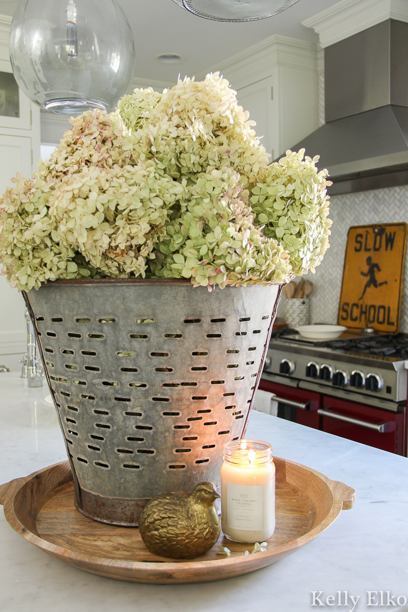 Gorgeous zinc planter filled with dried hydrangeas kellyelko.com