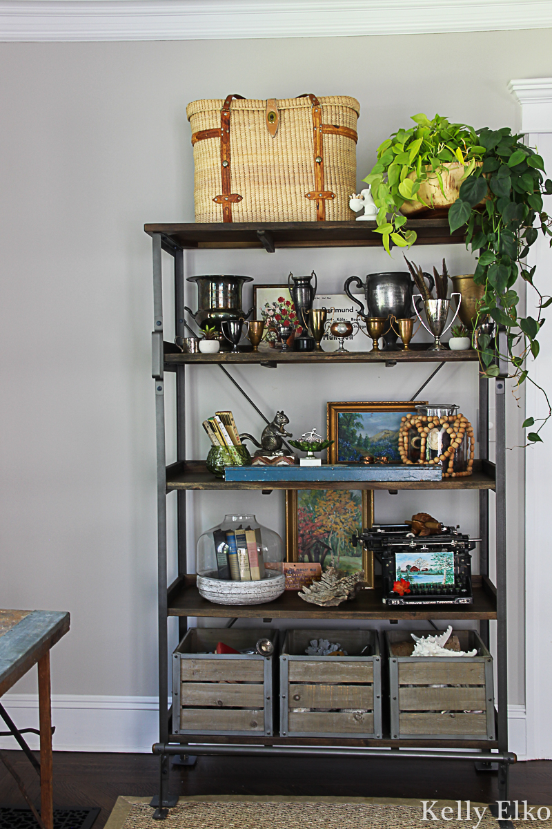 Love open shelves for displaying fun vintage collections kellyelko.com #shelves #shelfie #falldecor #eclecticdecor #vintagedecor #collections #vintagecollections #pothos #houseplants 