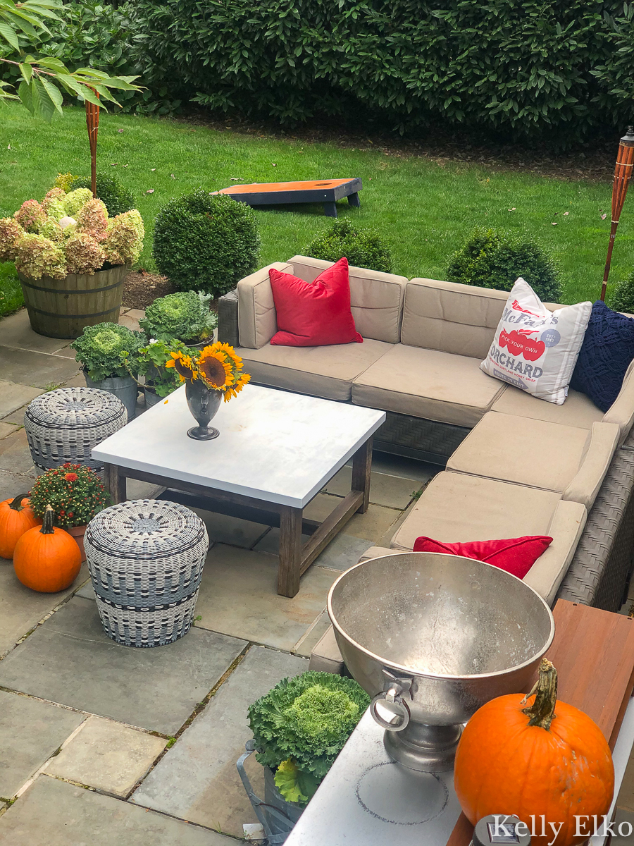 Beautiful bluestone patio decked out for fall - love the hydrangeas and kale and the cute apple picking pillow kellyelko.com #falldecor #fallpatio #patio #falldecorating #gardens #gardening #outdoordecor #outdoorfurniture #outdoorsectional #eclecticdecor 