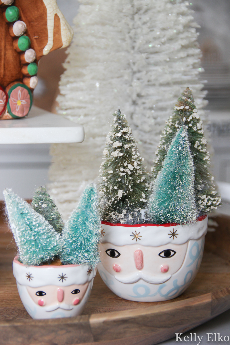 Santa hair! - love the bottle brush trees in these cute Santa bowls kellyelko.com