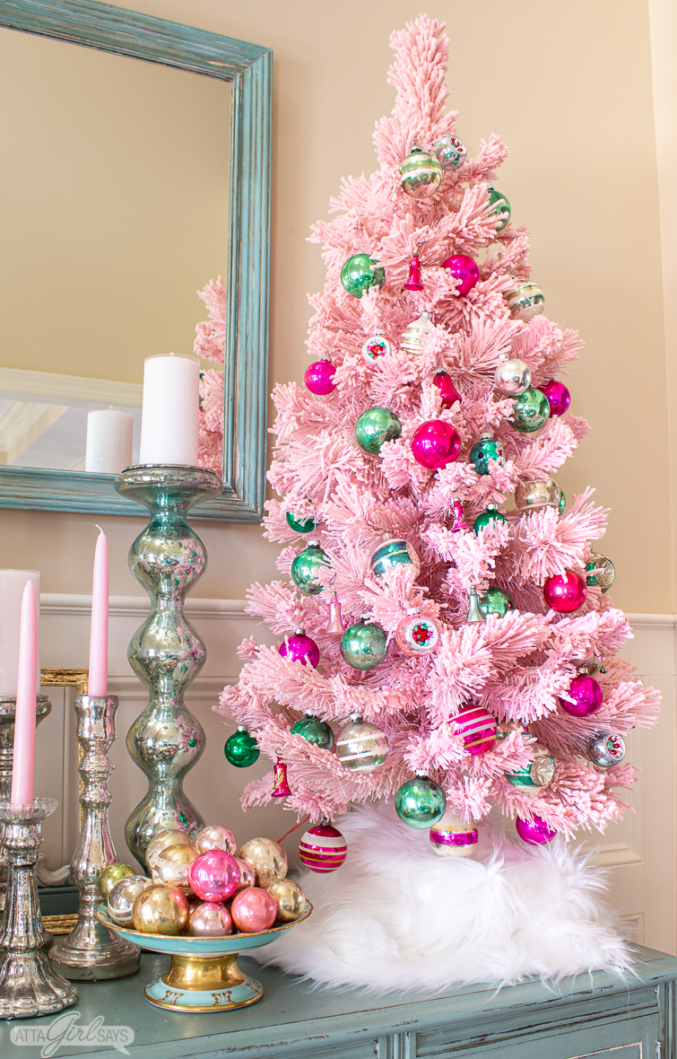 Festive pink Christmas tree covered in vintage Shiny Brite ornaments kellyelko.com