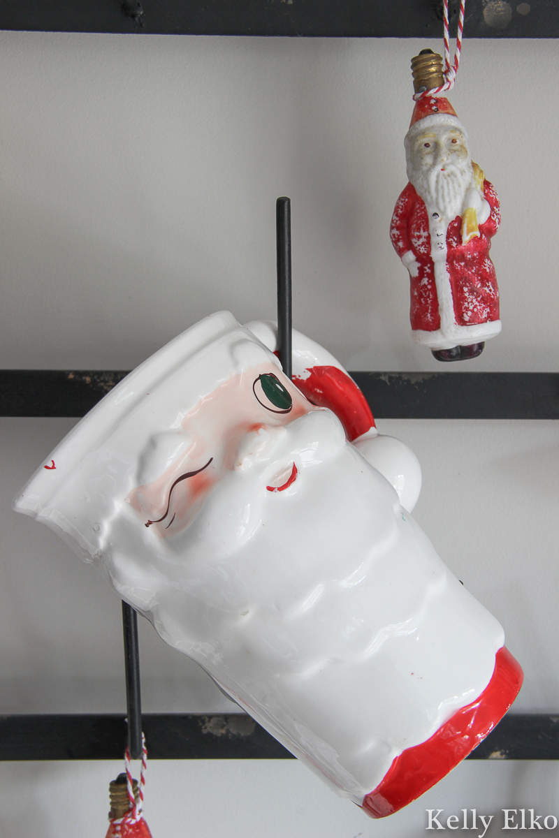 Love this winking Holt Howard Santa pitcher and milk glass figural Santa light kellyelko.com #santa #vintagesanta #vintagechristmas #holthoward #christmascollections #retrochristmas 