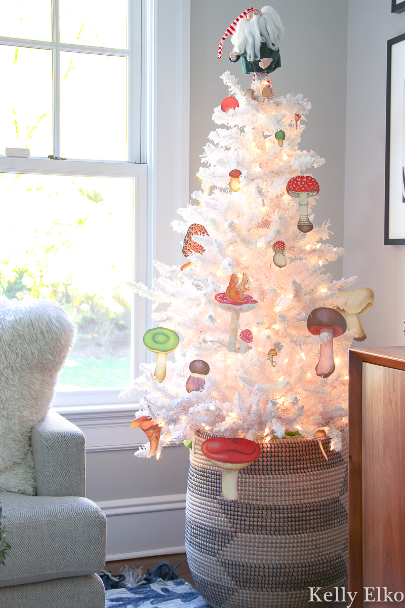 Love this white Christmas tree with DIY mushroom ornaments kellyelko.com #christmas #christmasornaments #retrochristmas #christmascrafts