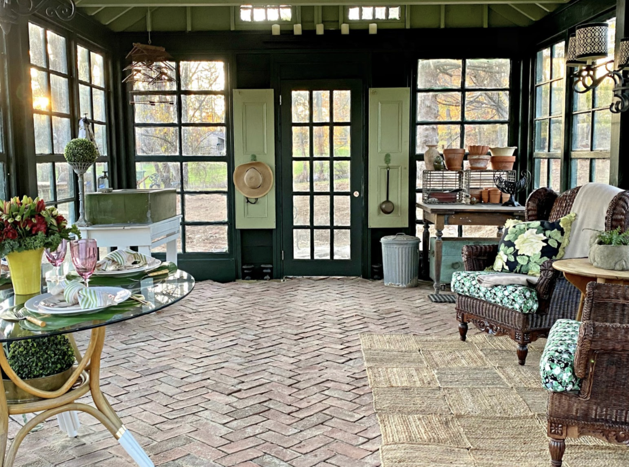 Beautiful she shed greenhouse - love the herringbone brick floor