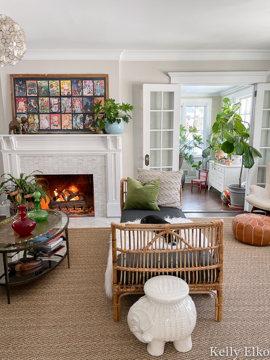Eclectic Living Room with boho rattan accents kellyelko.com