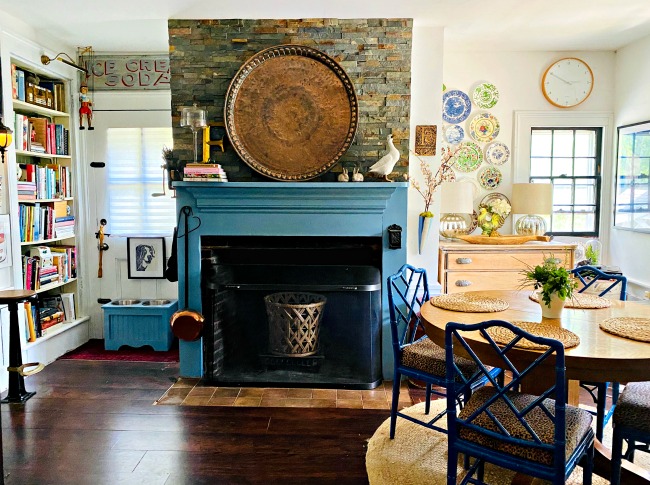 Love this old farmhouse with original fireplace painted blue 