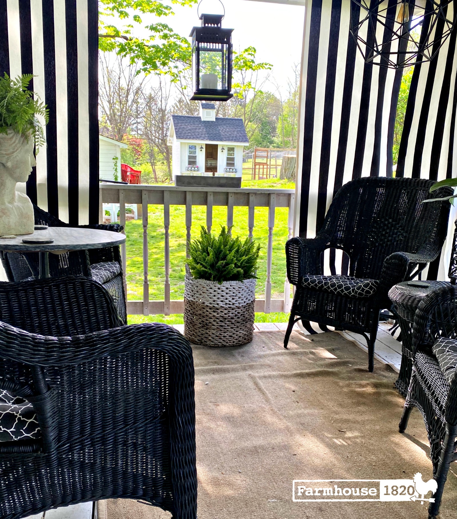 Farmhouse porch with privacy curtains