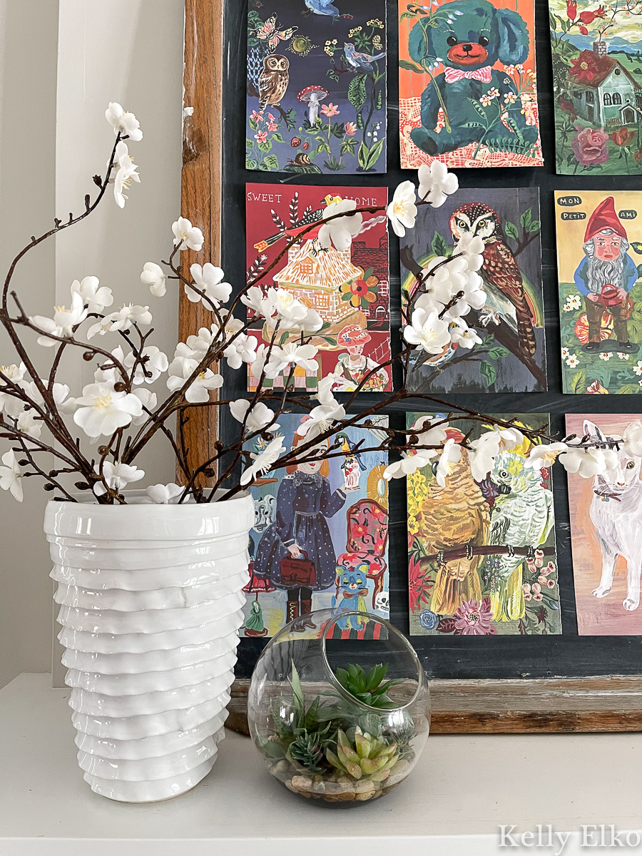 Spring home tour - love the colorful art collage kellyelko.com