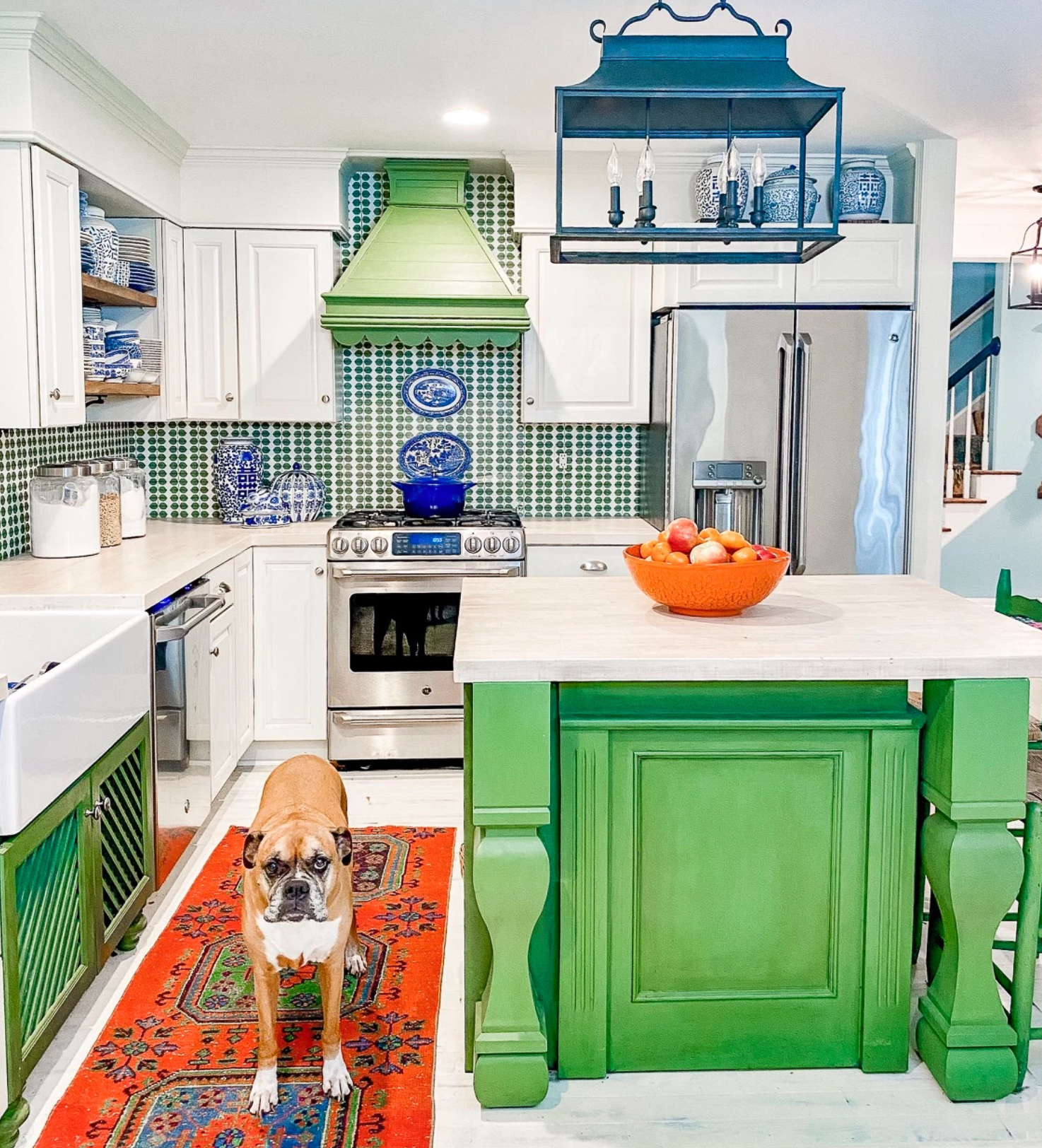 Colorful kitchen makeover - I love the Kelly green paint on the island