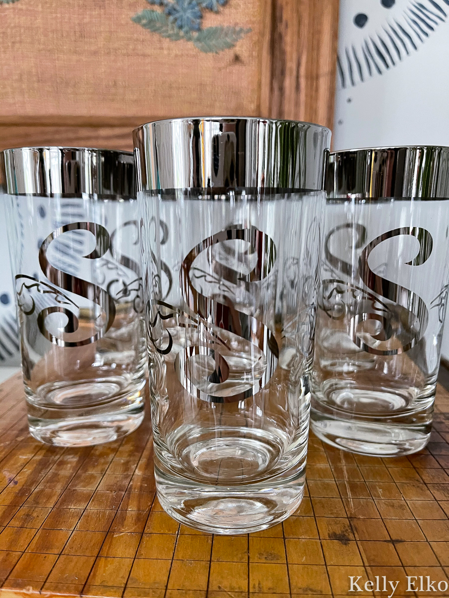 Vintage S Monogrammed Drinking glasses - perfect for a bar cart kellyelko.com