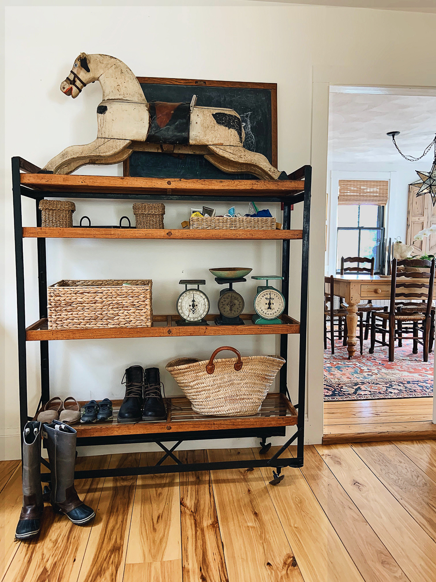 Beautiful display of antique finds on a rolling bakers cart kellyelko.com