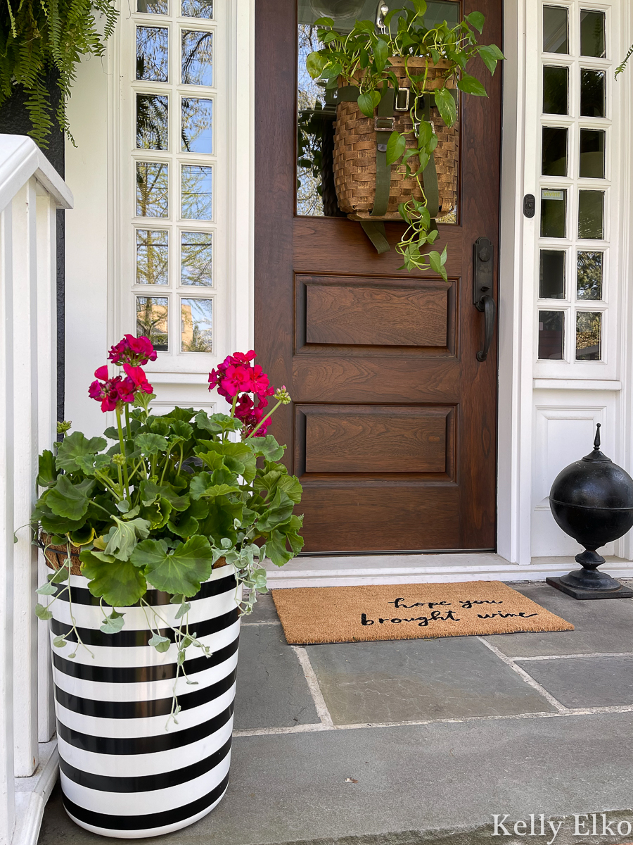 Love this graphic black and white planter filled with pink geraniums kellyelko.com #planters #planter #geraniums #porch #vintagedecor 