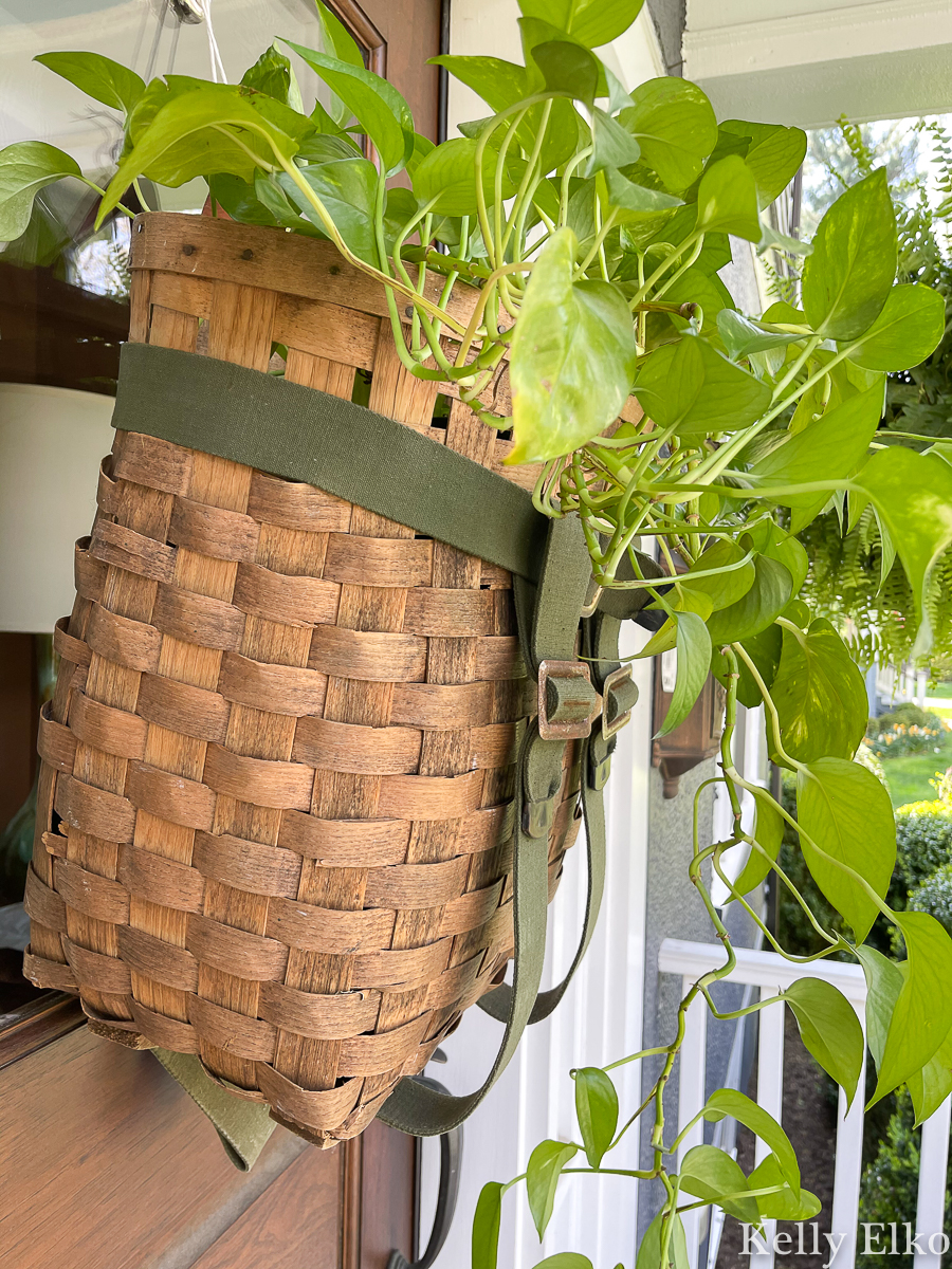 Vintage Adirondack basket turned front door wreath with a pothos plant kellyelko.com #planter #pothos #farmhousedecor #vintagedecor 