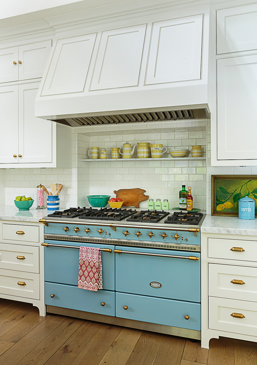 Beautiful blue Lacanche range in this stunning white kitchen kellyelko.com