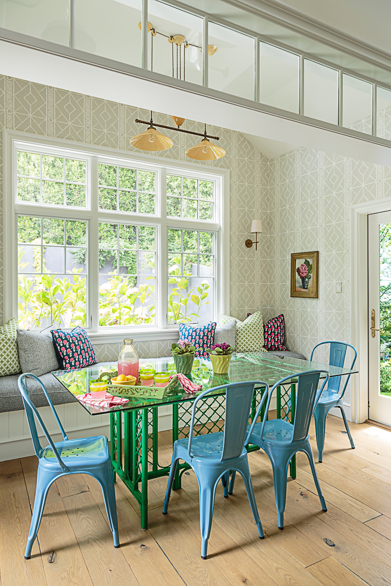 Beautiful kitchen with blue Tolex chairs and vintage green table kellyelko.com