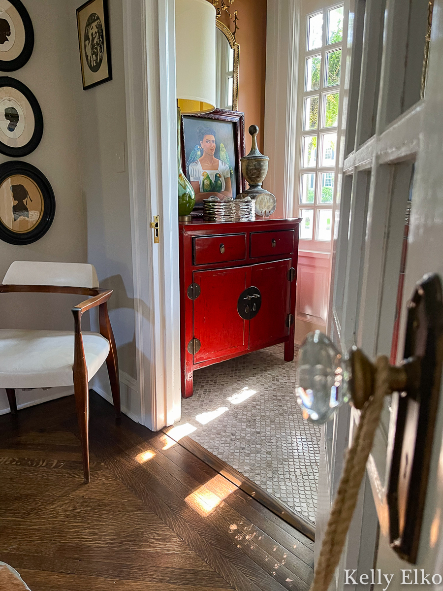 Love this tiny entrance vestibule filled with eclectic decor kellyelko.com