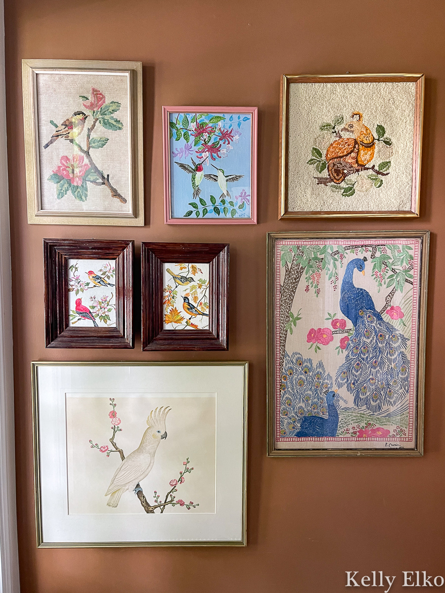 Vintage bird art gallery wall - love the eclectic, whimsical look kellyelko.com