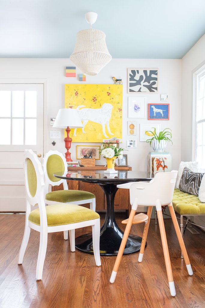 Cozy breakfast nook with black Saarinen table and vintage chairs kellyelko.com