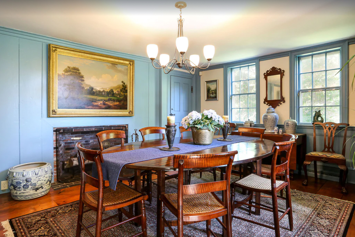 Beautiful blue paint in this historic dining room kellyelko.com