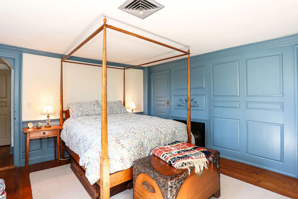 Beautiful blue bedroom with tiger maple four poster bed kellyelko.com