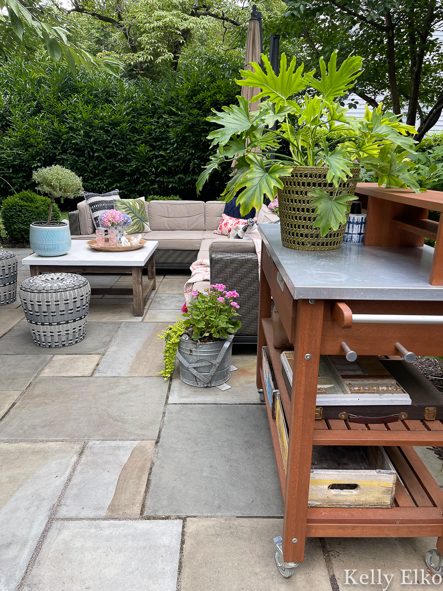 Love this patio with outdoor potting shed turned bar cart kellyelko.com